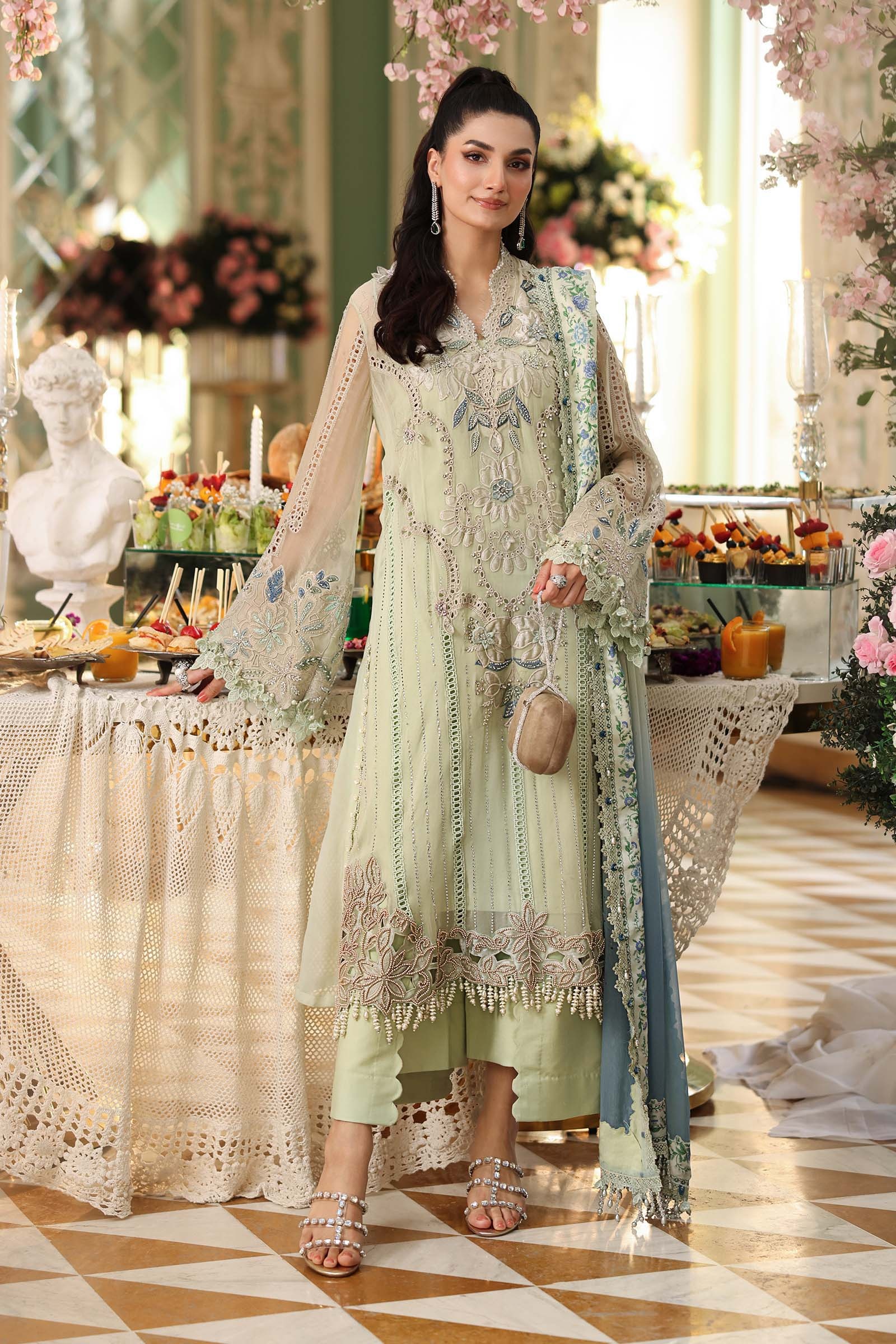 MARIA B Embroidered Chiffon clothing in green tones.